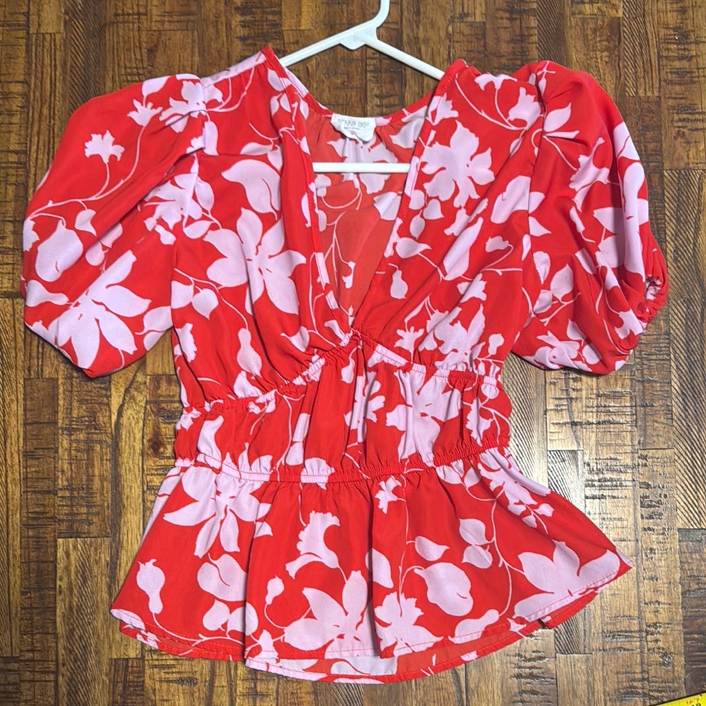 Sienna Sky floral pink and red top with puff sleeves